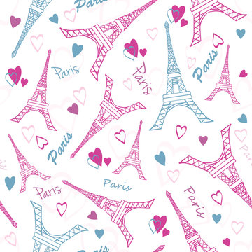 Vector Eifel Tower Paris Love Pink Grey Drawing Seamless Pattern with romantic hearts. Perfect for travel themed designs products, bags, accessories, luggage, clothing.