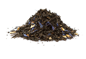 Dried black Earl Grey tea leaves over white background - 106167554