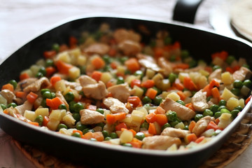 Chicken and mixed vegetables (potato, carrot, peas) cooked in a cooking pan. Selective focus.
