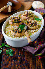 Baked mushrooms on rice pillow