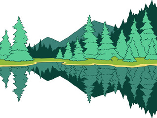 hand drawn beautiful illustration of a mountain landscape with green spruces around the lake