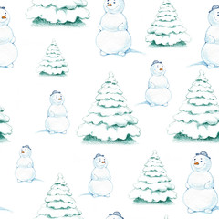 Seamless repeated background with a christmas drawing of a funny snowman and spruce trees