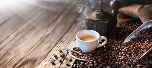 Fototapeta The Good Morning Begins With A Good Coffee - Morning Light Illuminates The Traditional Espresso
 obraz