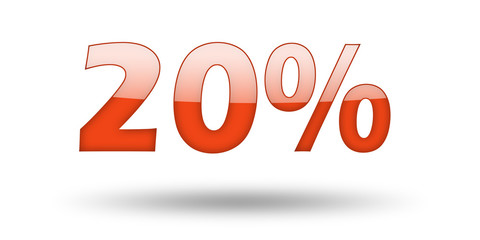 Text 20 percent with red letters and shadow. 