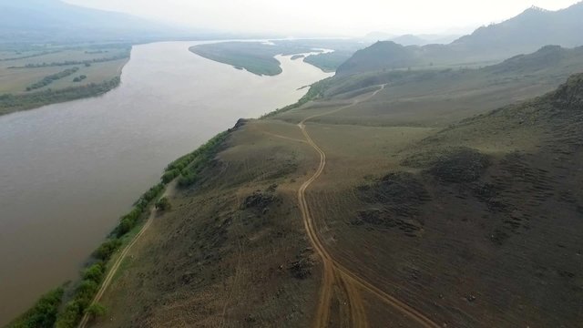 A bird's-eye bridge over the Selenga River, Ulan-Ude, Buryatia, Russia
