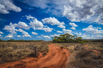 Curvy red soil dirt road Australian outback rural wilderness 