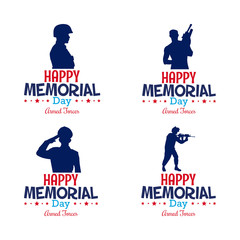 Set of different soldier silhouettes and text for memorial day celebrations