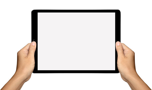 Hands are holding Big Tablet PC Isolated on white background