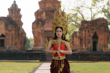 Portrait of Beautiful Thai lady  in  Ap sara series, Apsara (also spelled as Apsarasa) is a female spirit of the clouds and waters in Hindu and Buddhist mythology