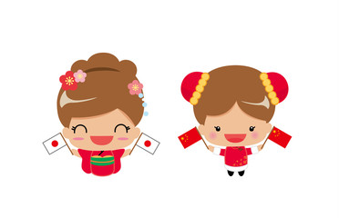 japanese and chinese girls with national flag