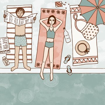 Hand drawn illustration of a couple at the swimming pool, top view