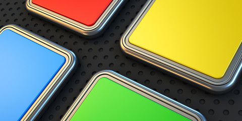 3D illustration. Colorful squares with metal base on a dark surf