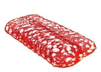 Slices of sausage isolated on white background