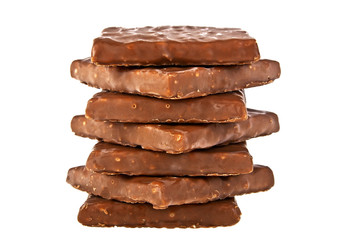 Chocolate blocks stack on white background
