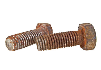 Two old rusty bolts isolated on white background