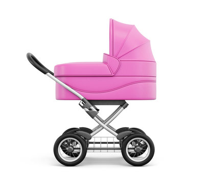 Side view of baby stroller on a white background. 3d rendering.