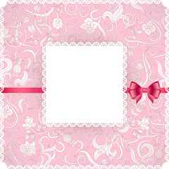 Текстура с изображением цветочного белого винтажного орнамента на розовом фоне. Фон с белой ажурной рамкой.