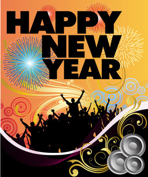 vector image of people with hands raised with happy new year inscribed in black.