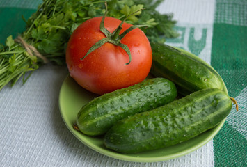 Fresh vegetables (cucumbers, tomatoes) and green