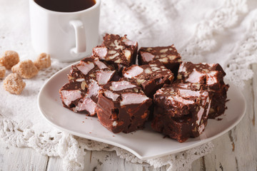 Chocolate dessert rocky road close-up and coffee on the table. Horizontal
