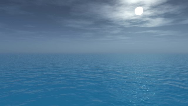 Reflection of the moon and stars on ocean.  Animation of the moon and stars on open sea - UHD