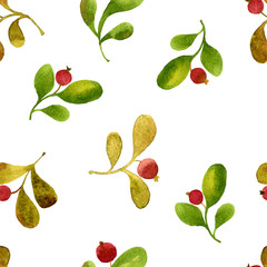 seamless pattern with watercolor green leaves and red berries