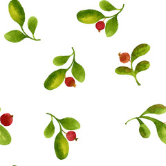 seamless pattern with watercolor green leaves and red berries