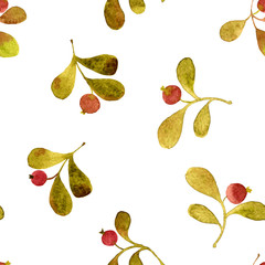 seamless pattern with watercolor green leaves and red berries