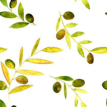 vector watercolor seamless pattern with olives, leaves and branches