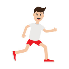 Funny cartoon running guy Cute run boy Jogging man Runner  Fitness workout running male character  Isolated White background. Flat design