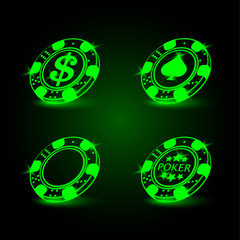 Set of poker chip. Neon vector illustration.