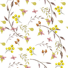 the pattern of twigs and berries. twigs, berries watercolor drawings, small leaves and flowers. For design pillowcase, sheets, duvet covers, different textile accessories
