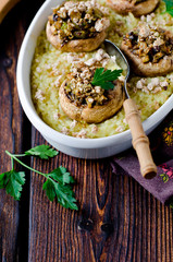 Baked mushrooms on rice pillow