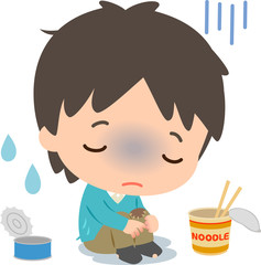 膝を抱えて座る貧乏な若い男性