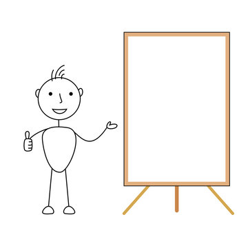 Happy Cartoon Stick Man Showing A Blank Whiteboard With Thumbs Up