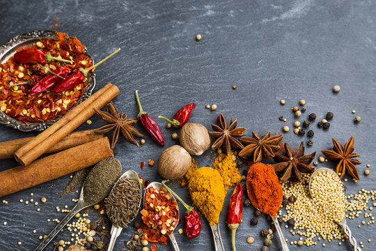 Indian spices with anise, cinnamon, coriander,cumin, chili,peppe