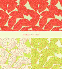 Fototapeta na wymiar a set of 3 exotic foliage, fan shape seamless patterns, in a fresh green, ivory and red color palette