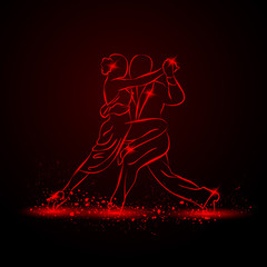 Couple dancing tango. Vector red neon illustration.