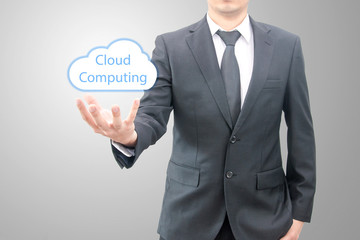 Cloud computing concept on hand of a businessman in suit