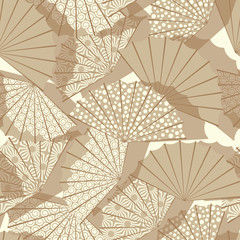 a japanese style fan shape seamless pattern, with 3 different decorations in a discolored sepia palette