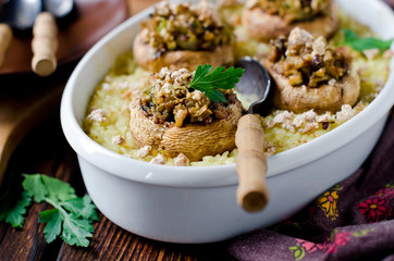 Baked mushrooms on rice pillow