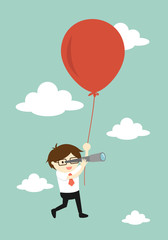 Business concept, Businessman using his telescope looking for something in the sky while flying with big balloon. Vector illustration.