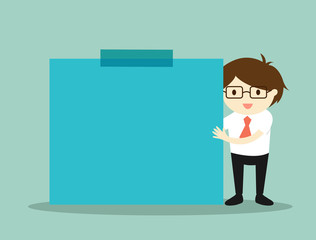 Business concept, Businessman holding blue sticky note with green background. Vector illustration.