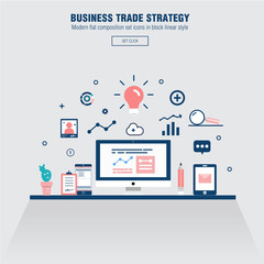 Modern block line flat business trade strategy with information and mobile technologies graph icons and computers industry