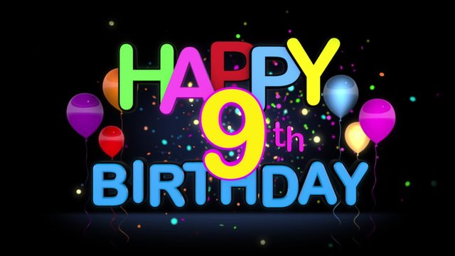 Happy 9th Birthday Title seamless looping Animation for Presentation with dark Background.