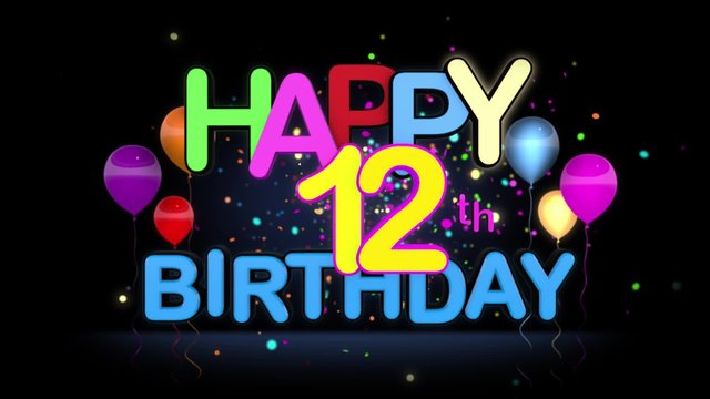 Happy 12th Birthday Title seamless looping Animation for Presentation with dark Background.