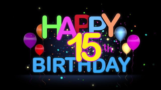 Happy 15th Birthday Title seamless looping Animation for Presentation with dark Background.