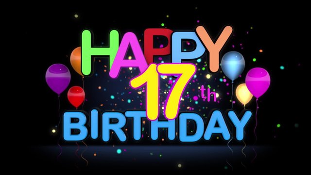 Happy 17th Birthday Title seamless looping Animation for Presentation with dark Background.