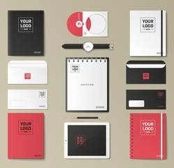 Naklejka premium Corporate identity template set. Business stationery mock-up with logo. Branding design. Notebook, card, catalog, pen, pencil, badge, tablet pc, mobile phone, letterhead.