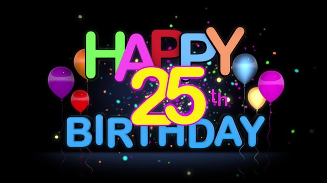 Happy 25th Birthday Title seamless looping Animation for Presentation with dark Background.